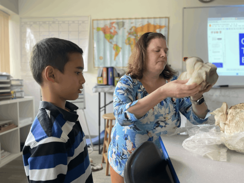 A middle school student and his teacher looking over a mushroom-growing project that the student is working on