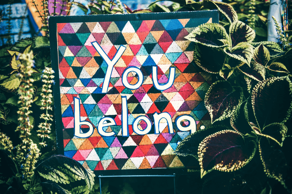 A colorful sign that says, "You belong," surrounded by plants